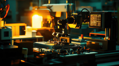 An engaging view of advanced industrial equipment illuminated by warm light, showcasing the intricate workings of a precision manufacturing environment.の素材