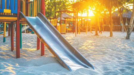A stunning playground slide bathed in the warm glow of sunset, surrounded by soft sand and colorful play equipment, inviting joyful children to enjoy outdoor activities.の素材