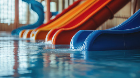 This image showcases colorful water slides in an indoor pool area, highlighting a fun and exciting environment designed for family leisure and children's enjoyment.の素材