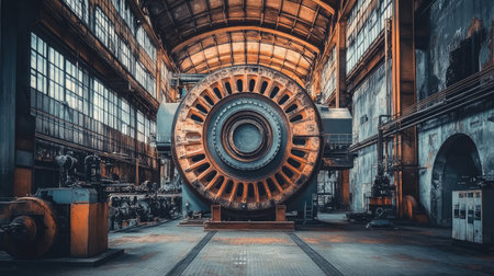 Captured in an abandoned factory, this image features a large turbine under dramatic lighting, highlighting the intricate details and textures of aging industrial machinery.の素材