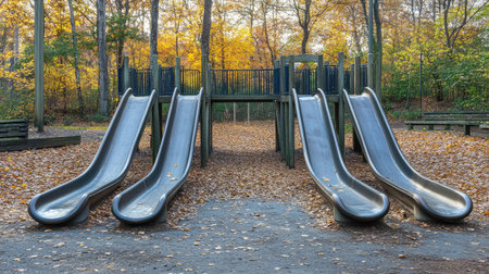 A serene playground scene featuring four metal slides surrounded by colorful autumn leaves and beautiful trees, perfect for showcasing outdoor family activities and playfulness.の素材