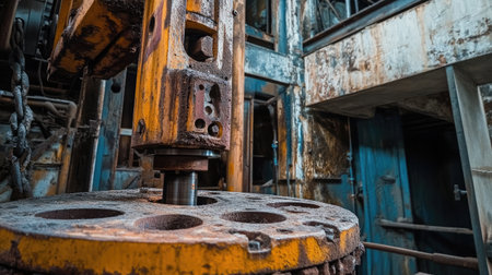 This photo captures a detailed view of machinery in an abandoned factory, highlighting rusted components and weathered surfaces that evoke a sense of industrial heritage.の素材