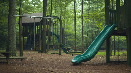 A peaceful playground nestled in a green forest, featuring slides and swings, perfect for outdoor activities and joyful memories during sunny days.の素材