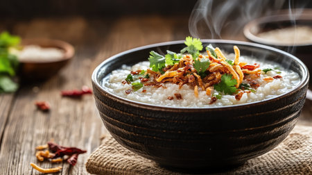 A tempting bowl of rice congee topped with crispy onions and fresh herbs, perfect for a nutritious meal. The steaming dish showcases comfort food at its best.の素材
