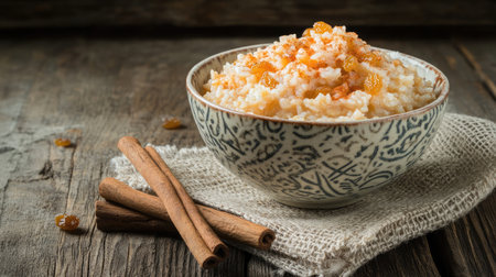 A visually appealing bowl of rice pudding adorned with golden raisins and cinnamon, set against a rustic wooden backdrop, perfect for food lovers and culinary enthusiasts.の素材