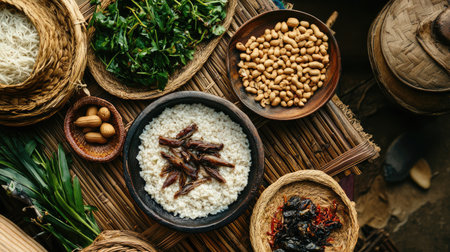 A beautiful top-down view of fresh ingredients including rice, dried fish, and vegetables, showcasing the essence of traditional cooking and healthy eating.の素材