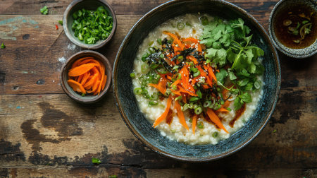 A vibrant bowl of rice porridge topped with colorful vegetables, fresh herbs, and a spicy sauce. Perfect for comfort food lovers and healthy eating enthusiasts.の素材
