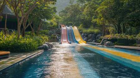 Enjoy a picturesque setting featuring vibrant water slides set against lush greenery, perfect for families and friends seeking fun and refreshing moments in a serene pool environment.の素材