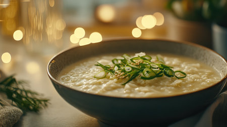 A close-up shot of a creamy congee bowl topped with fresh green onions, set against a dreamy backdrop of soft blurred lights for a cozy dining atmosphere.の素材