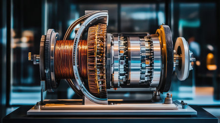 This image features a modern electric motor, highlighting its intricate internal components that represent cutting-edge engineering and innovative design in the manufacturing sector.の素材