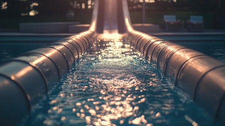 A captivating view of a water slide leading into a crystal-clear pool during sunset, showcasing glimmering water, inviting luxury in a serene outdoor environment.の素材