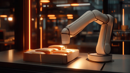 A futuristic robotic arm skillfully prepares bakery items in an advanced kitchen environment, showcasing the intersection of technology and culinary arts.の素材