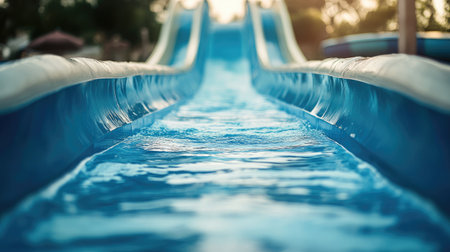 A captivating view of a water slide captures the essence of summer fun, showcasing clear water cascading down a smooth blue surface under warm sunlight.の素材