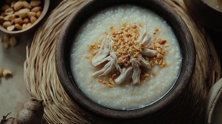 A rich and creamy rice porridge adorned with shredded chicken and crunchy fried peanuts, creating a delightful and wholesome comfort food experience.の素材