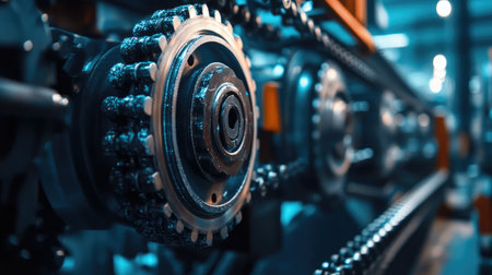 Detailed close-up of an industrial gear and chain mechanism, showcasing precision engineering and sophisticated technology used in modern manufacturing processes.の素材