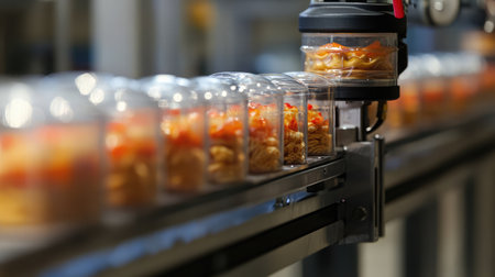 A photogenic view of an automated food packaging line showcasing transparent containers filled with snacks and treats, symbolizing modern efficiency and quality in production.の素材
