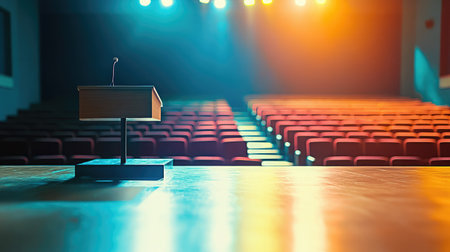 A serene view of an empty podium in a beautifully lit auditorium, showcasing rows of waiting seats, perfect for presentations or speeches in a professional setting.の素材