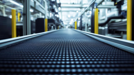 A close-up view of an industrial conveyor belt in a manufacturing facility, showcasing the modern equipment and emphasizing the importance of efficient production processes.の素材