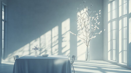 A serene dining area showcasing a white table with floral accents, bathed in soft natural light, creating a tranquil and minimalist atmosphere perfect for gatherings.の素材