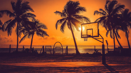Stunning image of a basketball hoop on a beach at sunset, surrounded by palm trees, capturing a peaceful and vibrant atmosphere perfect for sports and relaxation themes.の素材
