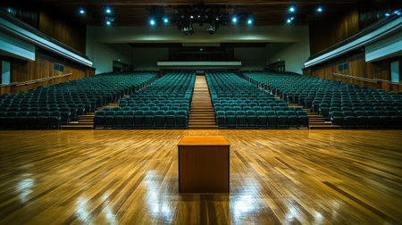 Spacious empty conference hall with wooden stage and green chairs, ideal for corporate events, presentations, and professional gatherings in a modern venue.の素材