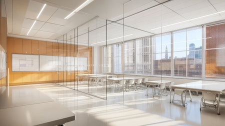 A spacious and modern classroom featuring glass walls, ample natural light, and stunning city views. Ideal for fostering creativity and engagement in learning environments.の素材