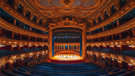 Explore the magnificent interior of a historic theatre known for its stunning architecture, rich decorations, and vibrant atmosphere, perfect for unforgettable performances.の素材