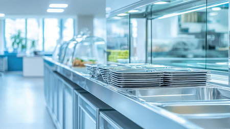 A sleek and modern cafeteria interior showcasing neatly stacked stainless steel trays and a glass display case, emphasizing a clean and inviting dining experience for all patrons.の素材