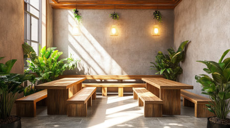A serene indoor setting featuring wooden furniture surrounded by vibrant greenery and soft natural light, ideal for social gatherings or creative workspaces.の素材