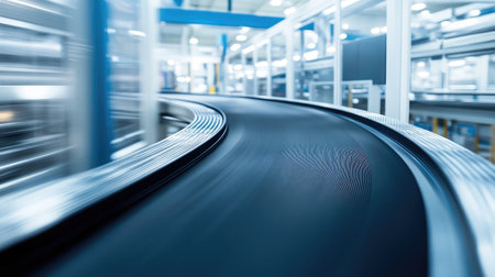 A dynamic view of a conveyor belt within a modern industrial warehouse, showcasing smooth motion and efficient design for transporting goods in manufacturing and logistics operations.の素材