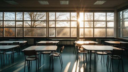 A tranquil classroom captured at sunrise, showcasing empty tables and chairs bathed in warm sunlight streaming through large windows, creating a serene learning space.の素材