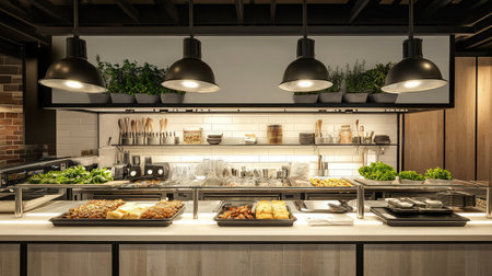 A modern kitchen featuring fresh ingredients, stylish lighting, and organized food presentation, creating an inviting space for culinary creativity and meal preparation.の素材