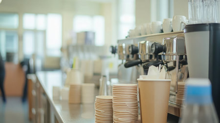 A vibrant coffee shop scene featuring an espresso machine and stacked cups, perfect for showcasing cafの素材