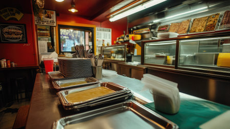 This image showcases a cozy diner interior, featuring a stainless steel preparation area, stylish serving trays, and a warm ambiance perfect for food photography.の素材