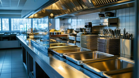 A modern restaurant kitchen showcasing an efficient layout with stainless steel equipment, organized utensils, and bright lighting, perfect for culinary operations and food preparations.の素材