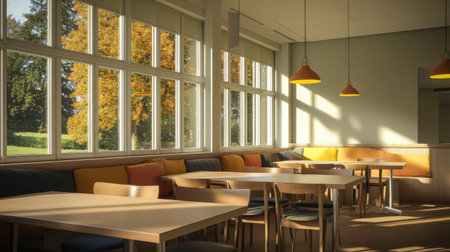 A serene cafeteria featuring large windows and vibrant cushions that create a welcoming and bright atmosphere perfect for relaxation or casual dining.の素材