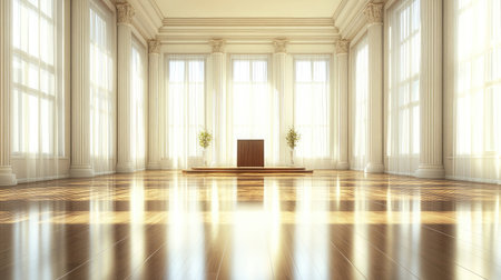 A spacious and elegant hall featuring tall windows that flood the area with natural light, polished wooden floors, and decorative columns, ideal for events and gatherings.の素材