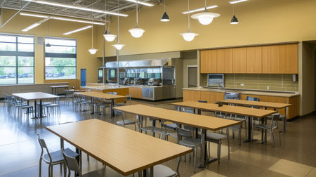 Bright and spacious cafeteria featuring modern design elements. The area includes wooden tables and steel chairs, providing a welcoming environment for dining and socializing.の素材