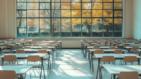 A bright and inviting classroom featuring empty desks and large windows that offer a stunning view of autumn trees, creating a serene and inspiring learning environment.の素材