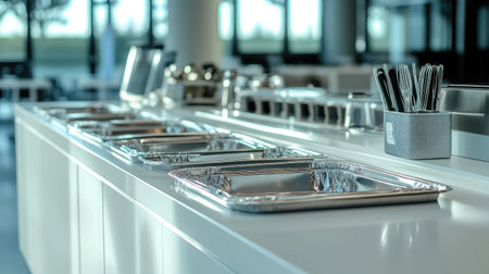 Bright and spacious commercial kitchen featuring stainless steel trays and utensils, designed for efficient food preparation in a modern culinary setting.の素材