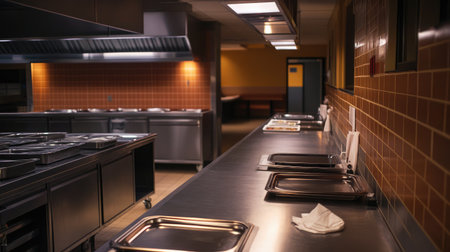 This image showcases a modern industrial kitchen with stainless steel surfaces and a clean, spacious environment, perfect for culinary professionals preparing meals in style.の素材