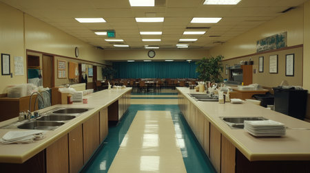 A spacious dining hall featuring bright lights and modern kitchen facilities, ideal for community gatherings and events in a welcoming and relaxed atmosphere.の素材