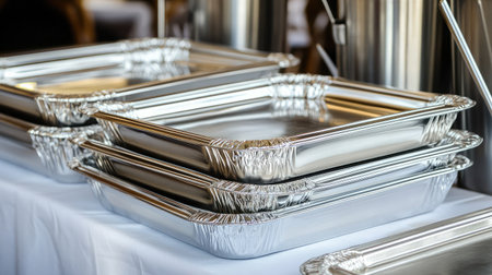 A close-up view of stacked aluminum foil trays on a white tablecloth, emphasizing their shiny surface and readiness for food catering or special events.の素材