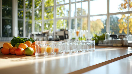 Bright kitchen scene showcasing fresh fruits and empty glasses in natural light, ideal for promoting healthy cooking and lifestyle themes in vibrant color settings.の素材
