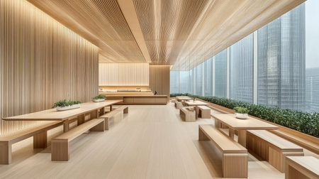 A modern workspace featuring a minimalist design with wooden elements, ample natural light, and lush greenery, creating an inviting and tranquil atmosphere.の素材