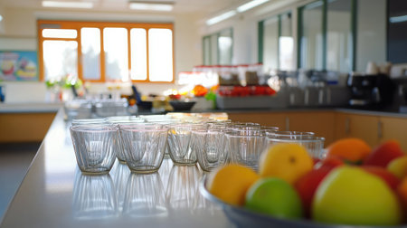 A bright kitchen filled with fresh fruits and clear glassware creates an inviting atmosphere ideal for healthy living and culinary exploration. Perfect for showcasing vibrant foods.の素材