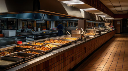 Explore a bustling commercial kitchen featuring an array of vibrant dishes in stainless steel trays, highlighting the art of food preparation in a professional dining environment.の素材