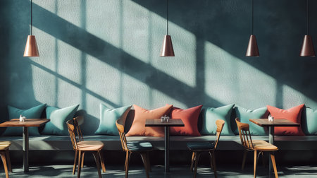 A cozy modern cafe interior featuring colorful pillows and soft lighting, ideal for relaxing or social gatherings. The stylish decor creates an inviting atmosphere.の素材