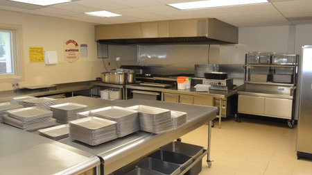 This image showcases a pristine commercial kitchen featuring stainless steel workstations and essential cooking equipment, ideal for culinary professionals and food services.の素材
