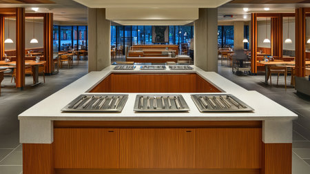 Experience a modern dining area with an open kitchen concept, featuring sleek counters and spacious seating, perfect for a contemporary culinary experience.の素材